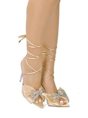 Satin Lace-Up Pointed Toe Heels with Crystal Bow - Champagne